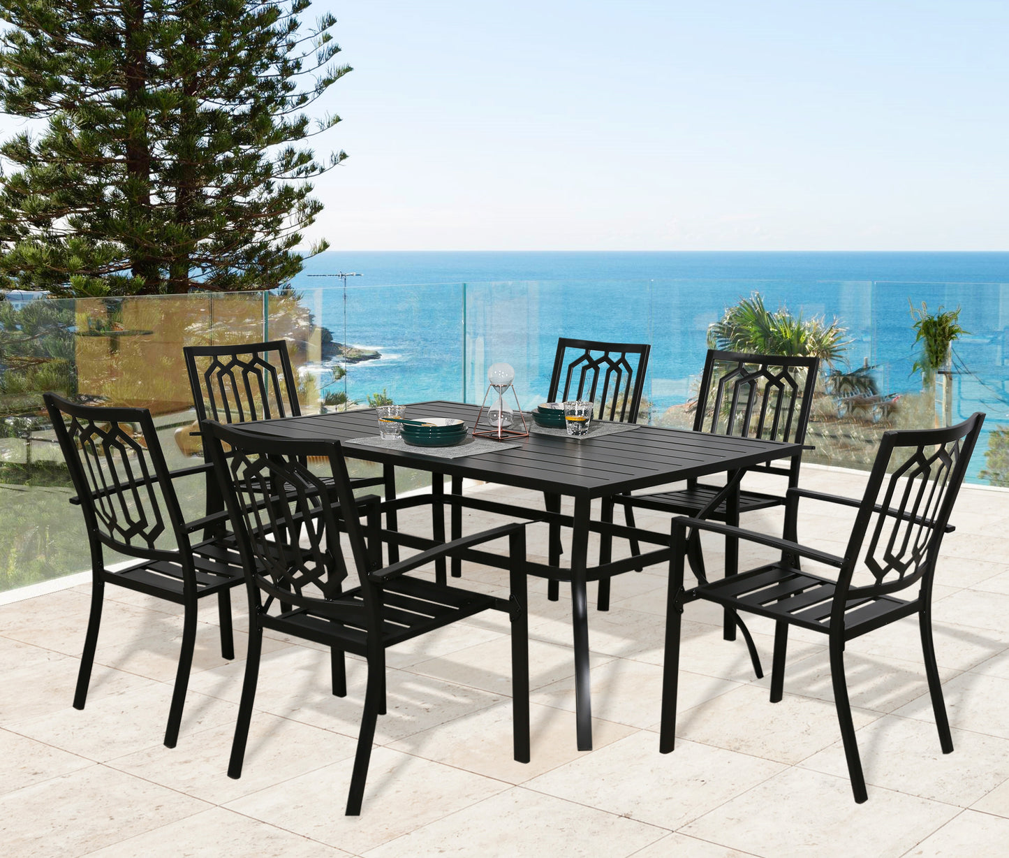 7 Pieces Patio Dining Set 6 Dining Arm Chairs and Rectangular Table with Umbrella Hole