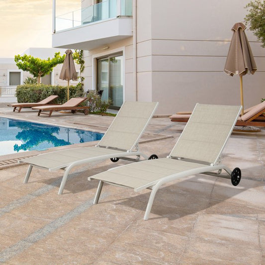 2 Pieces Patio Aluminum Chaise Lounger Outdoor Adjustable Lounge Chair with Wheels (Beige)