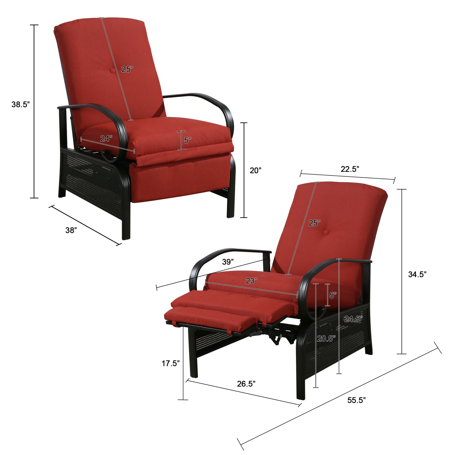 Patio Recliner Chair Automatic Adjustable Back Outdoor Lounge Recliner Chair with 100% Olefin Cushion (Red)