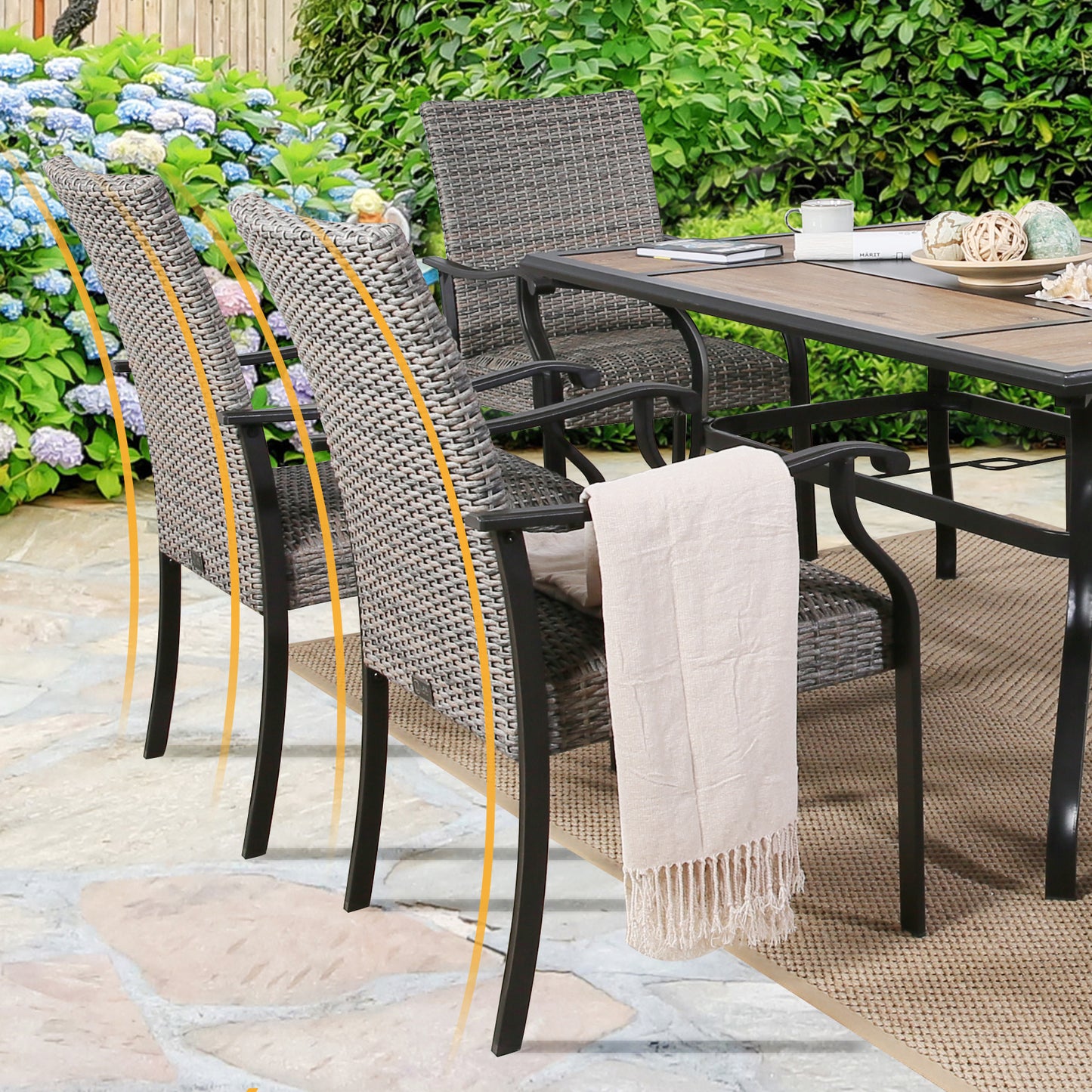 7 Piece Outdoor Dining Set Patio Wicker Furniture Dining Table Set with 6 Padded Dining Chairs and 1 Rectangular Garden Dining Table