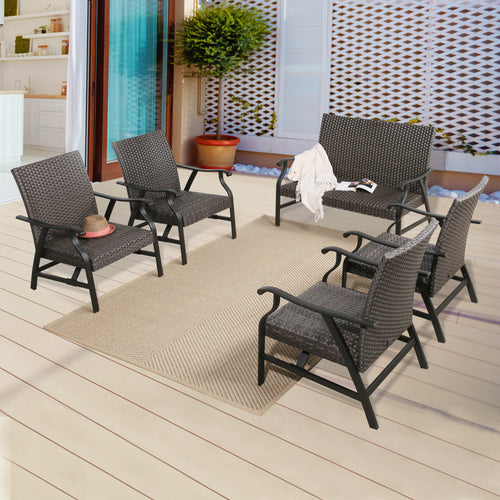 Pavane 5-Piece Indoor Outdoor Wicker Padded Conversation Set Patio Rattan Furniture Set with 4 Motion Rocking Armchairs and 1 Loveseat for 6 Persons