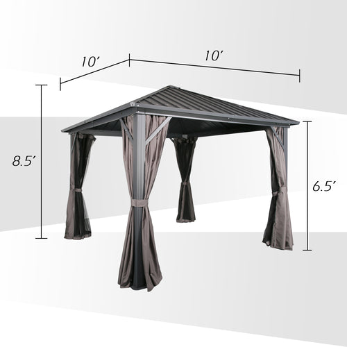 10Ft x 10Ft Patio Hardtop Gazebo Outdoor Aluminum Pergola with Galvanized Steel Roof Canopy, Polyester Curtain and Mosquito Net