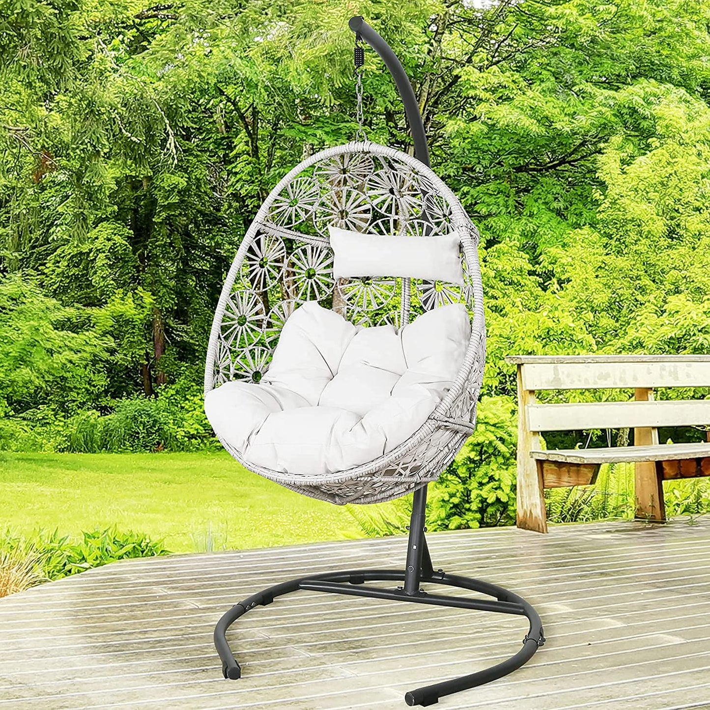 Outdoor Patio Wicker Hanging Basket Swing Chair Tear Drop Egg Chair with Cushion with Stand (Beige)