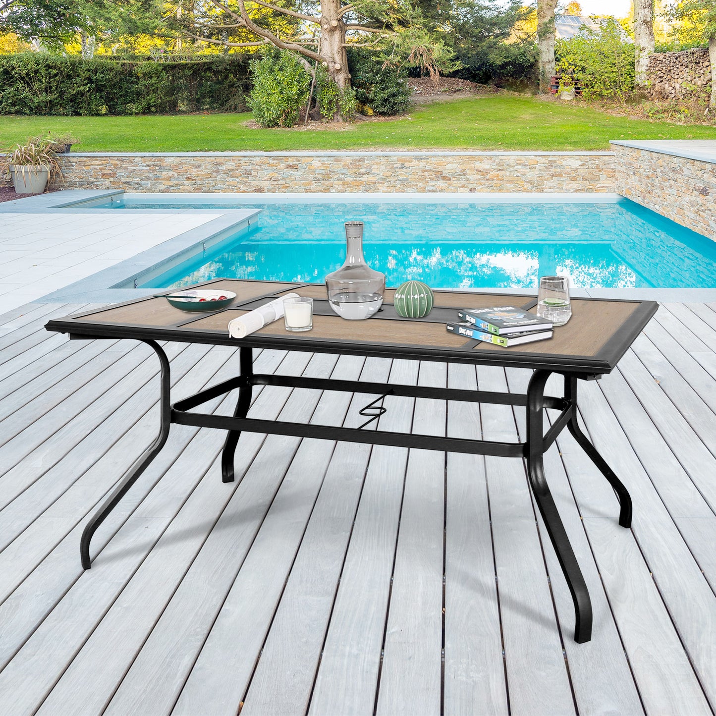 Outdoor Dining Table Patio Rectangular Wood Like Top Backyard Table with Umbrella Hole