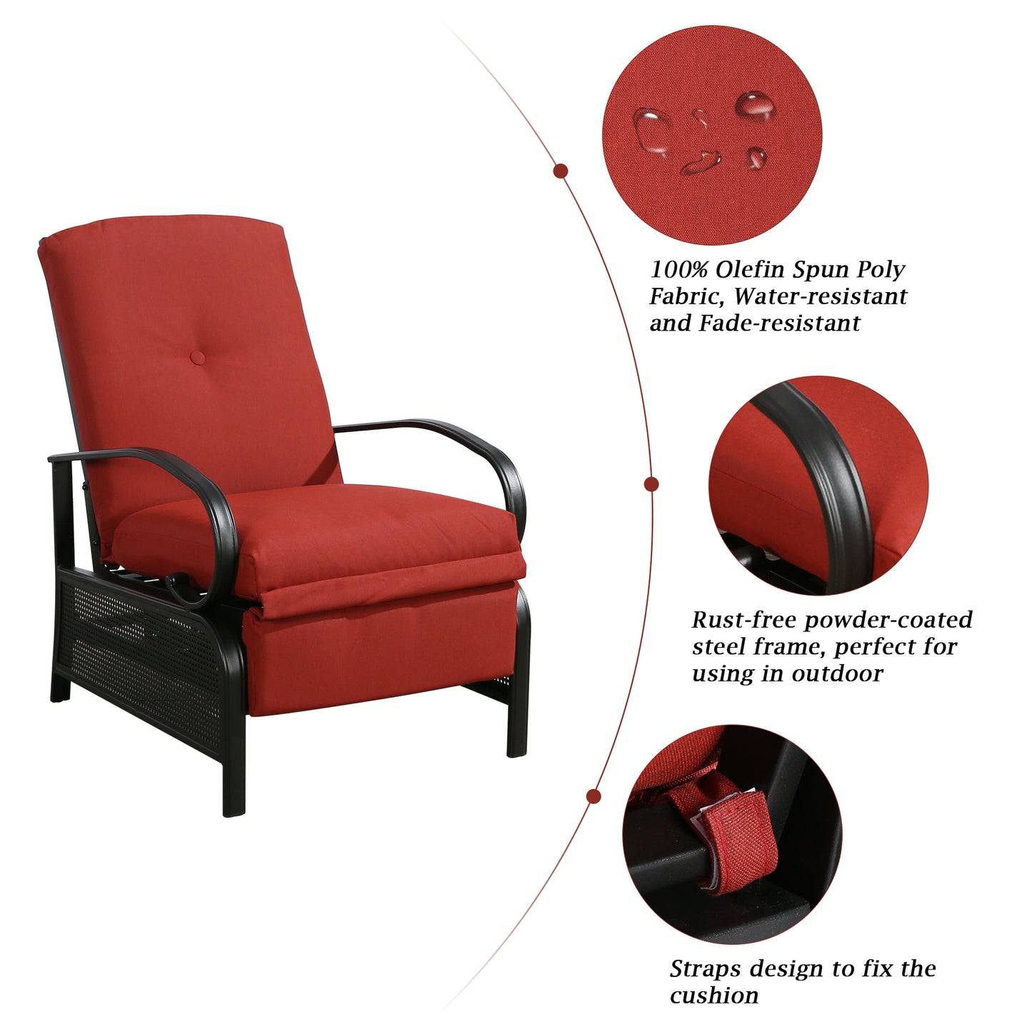 Patio Recliner Chair Automatic Adjustable Back Outdoor Lounge Recliner Chair with 100% Olefin Cushion (Red)