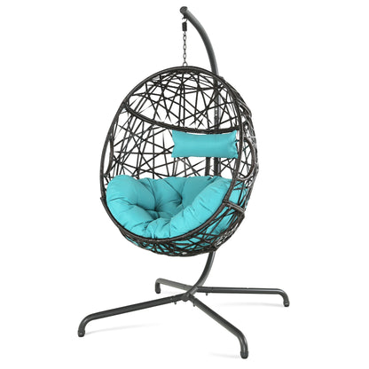 Patio Outdoor Indoor Rattan Hanging Basket Swing Chair with Stand and Cushion, Turquoise