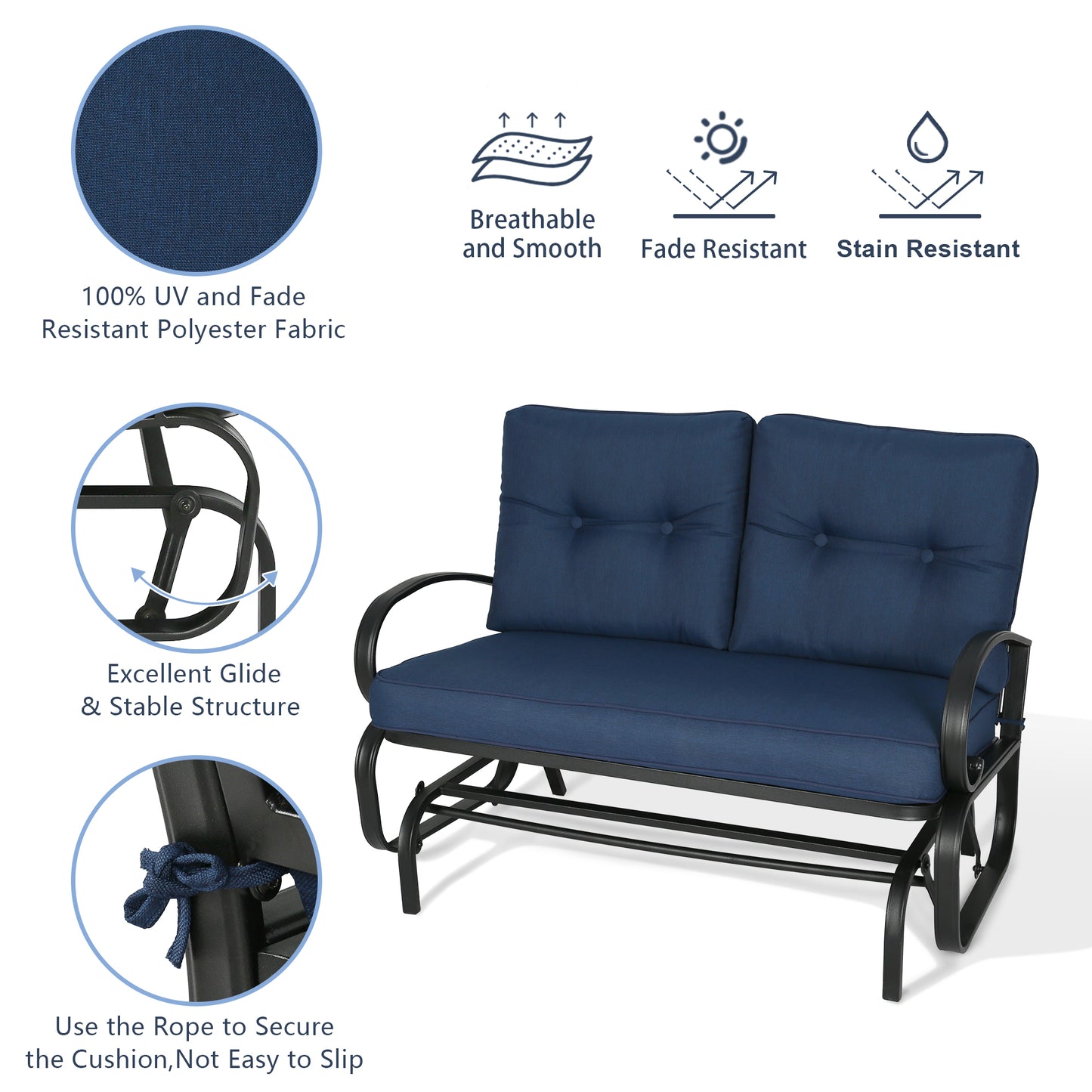 Patio Glider Bench Loveseat Outdoor Cushioed 2 Person Rocking Seating Patio Swing Chair, Navy