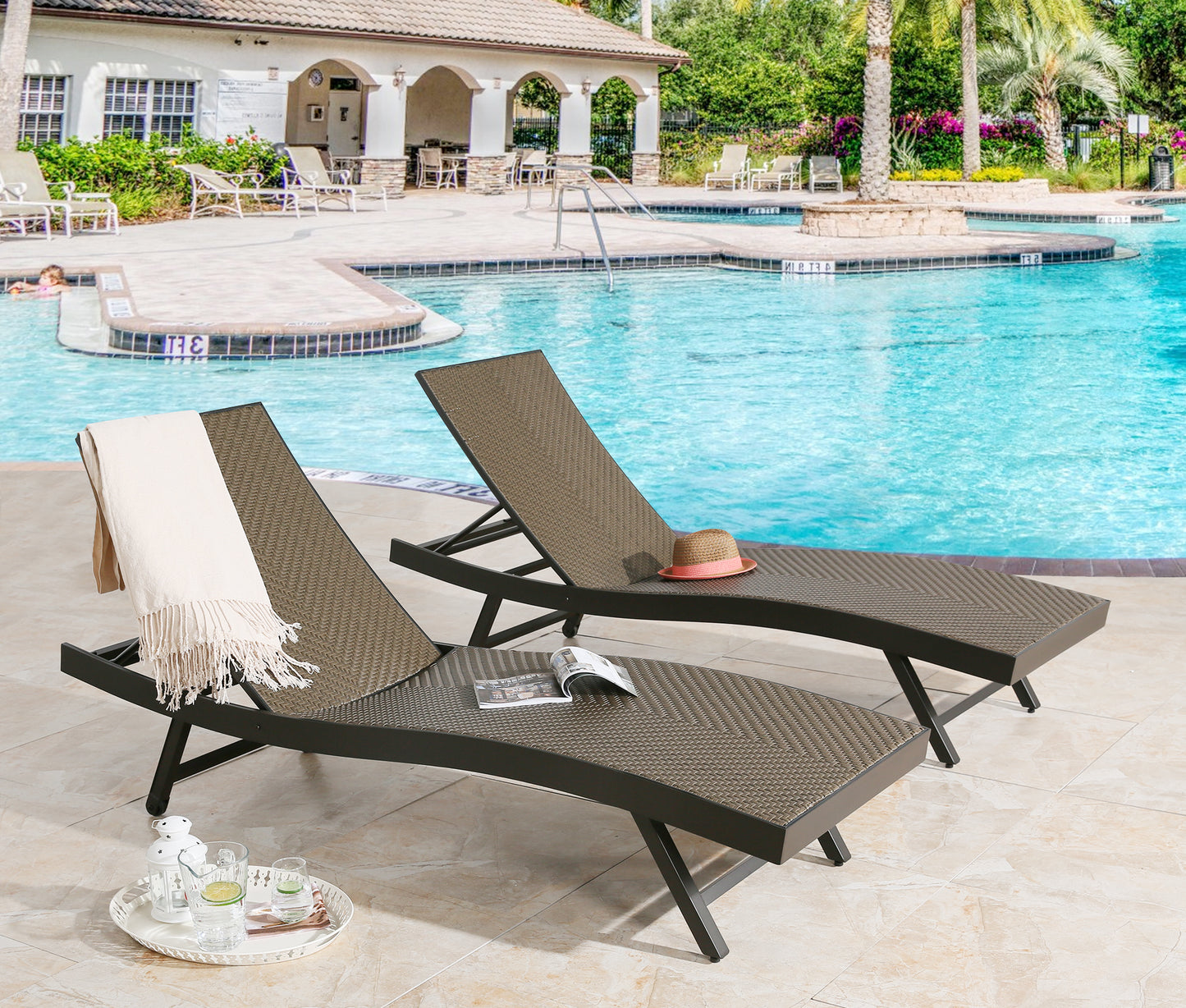Outdoor Wicker Chaise Lounge Patio Adjustable Reclining Chaise Lounge Chair with Wheels, Set of 2