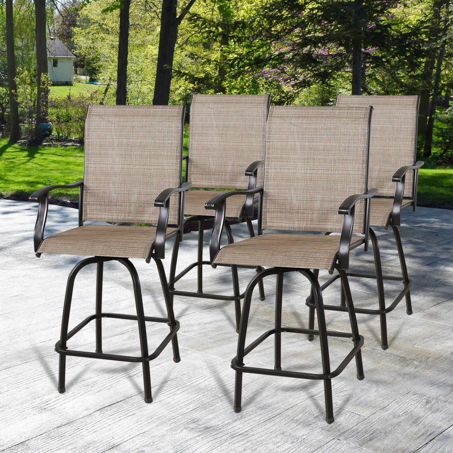 4-Piece Outdoor Swivel Bar Stools, Sling Patio Seating Height Bar Chairs with High Back and Armrest