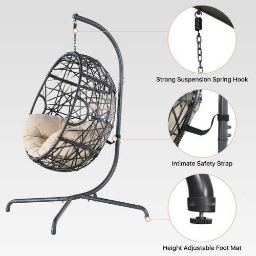 Outdoor/Indoor Rattan Hanging Basket Swing Chair with Stand and Cushion