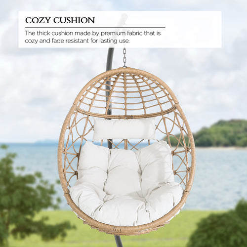 Patio Wicker Hanging Basket Swing Chair Indoor Outdoor Rattan Teardrop Chair Hammock Egg Chair with Stand and Cushion