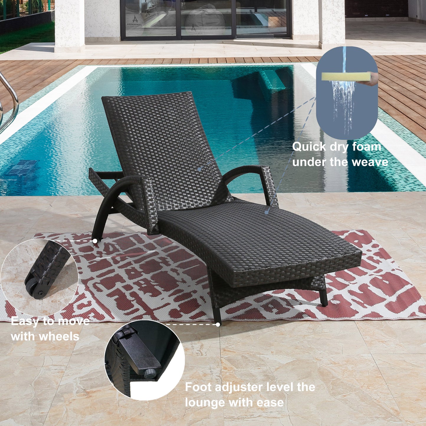 Outdoor Woven Padded 2-Pack Aluminum Chaise Lounge Armed Patio Lounger Adjustable Chair with Wheels and Quick Dry Foam