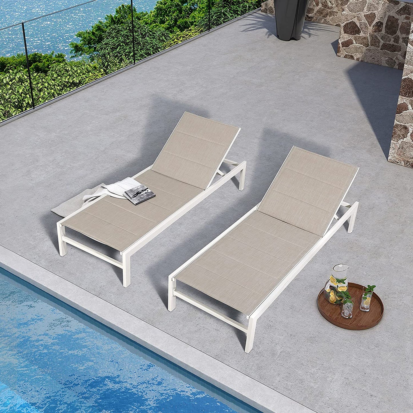 Patio Outdoor Aluminum Chaie Lounge Chair Adjustable Recliner with Wheels and Quick Dry Foam (Set of 2, Beige)