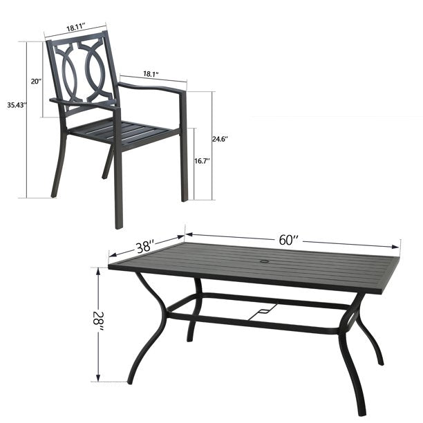 Patio 7-Piece Heavy-Duty Dining Sets, 6 Steel Chairs and one Large Rectangle Table with 1.57" Umbrella Hole