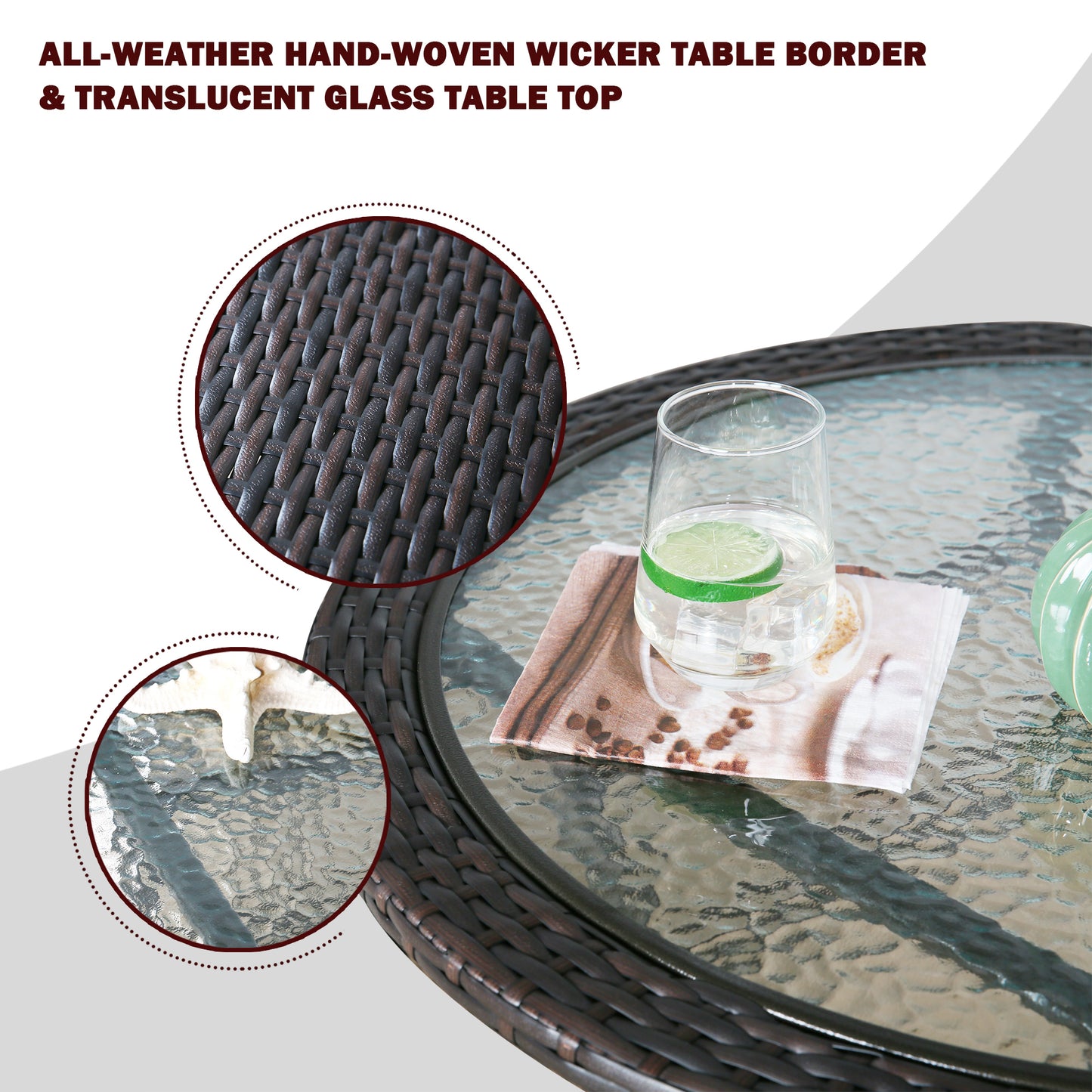 Patio Wicker Folding Bistro Table Tempered Glass Table Coffee Table