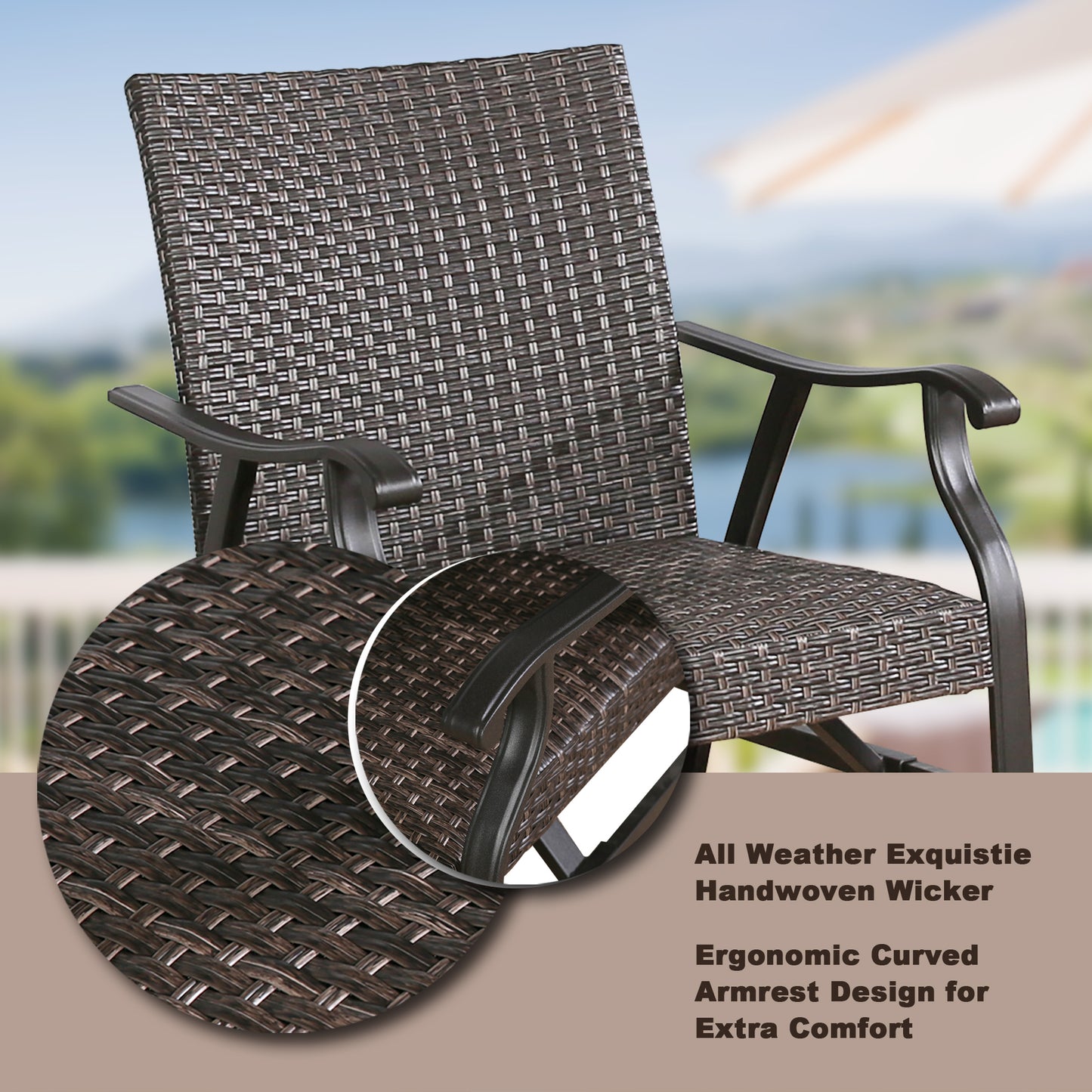 Outdoor Wicker Chairs Patio Wicker Padded Rocking Motion Conversation Chair for Poolside, Garden, Porch, Set of 2