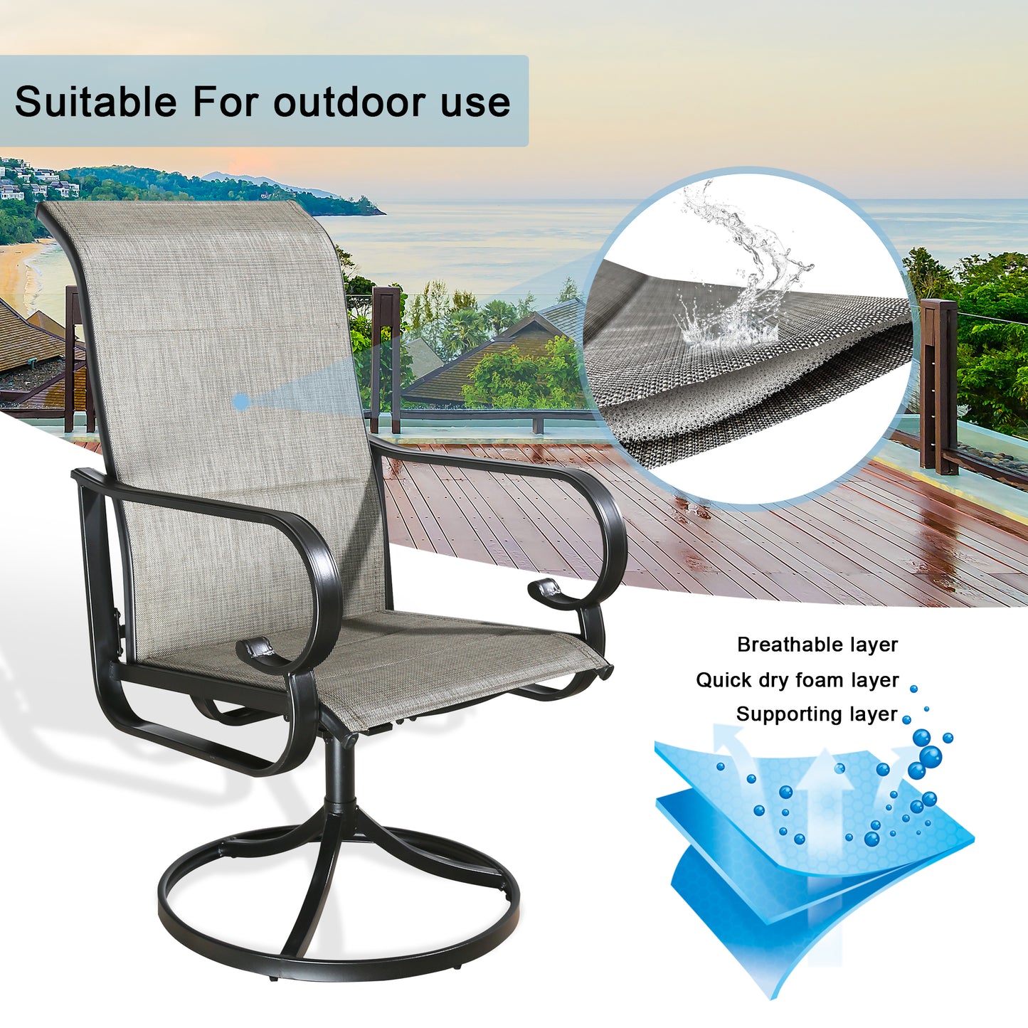 3 Pieces Outdoor/Indoor Patio Conversation Set with Wooden-Like Side Table and Sling Swivel Dining Chairs Padded with Quick Dry Foam