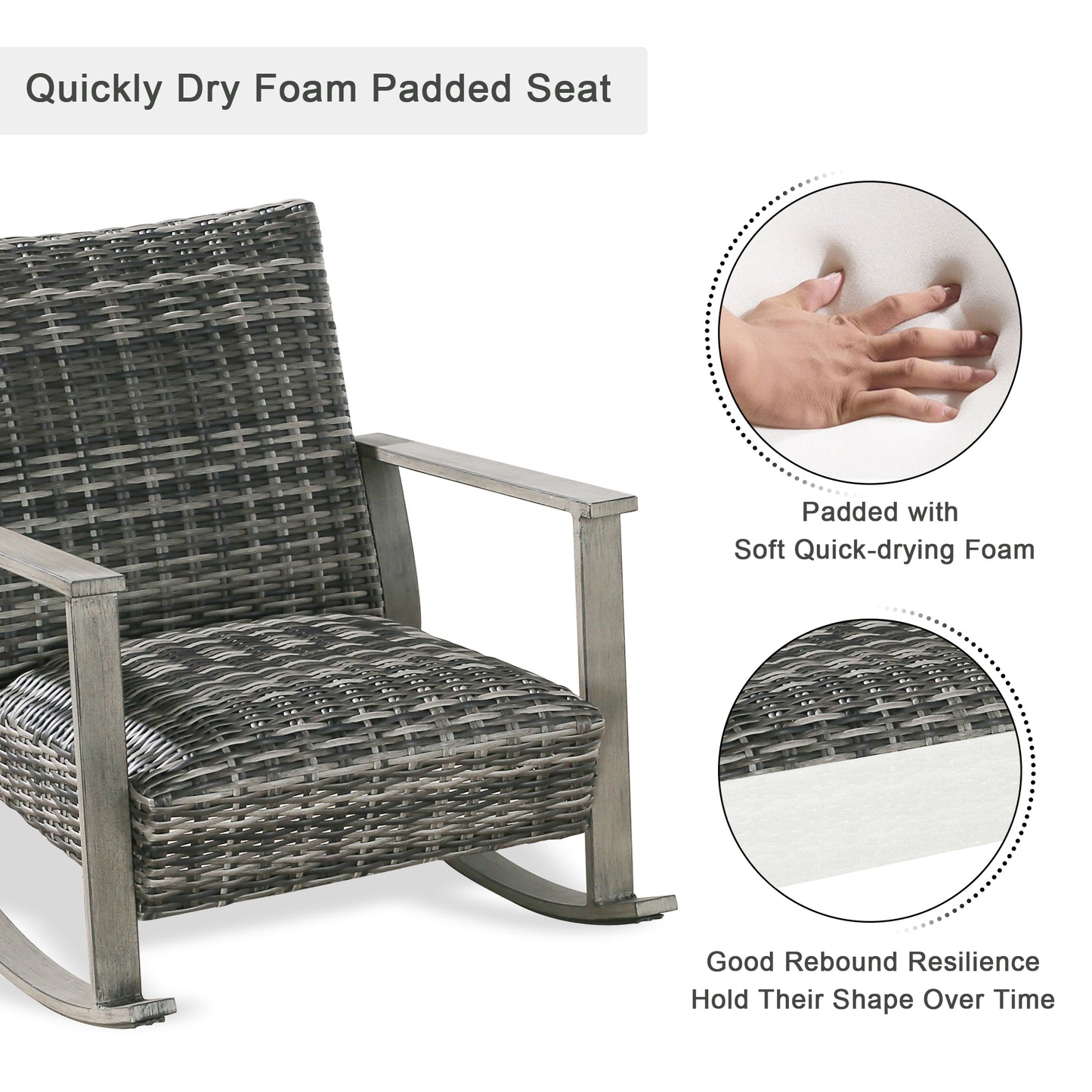 Patio Aluminum Rocking Chair Outdoor Indoor Lounge Wicker Seat Padded with Quick Dry Foam(Gray)