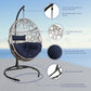 Outdoor Patio Wicker Hanging Basket Swing Chair Tear Drop Egg Chair with Cushion and Stand (Navy)