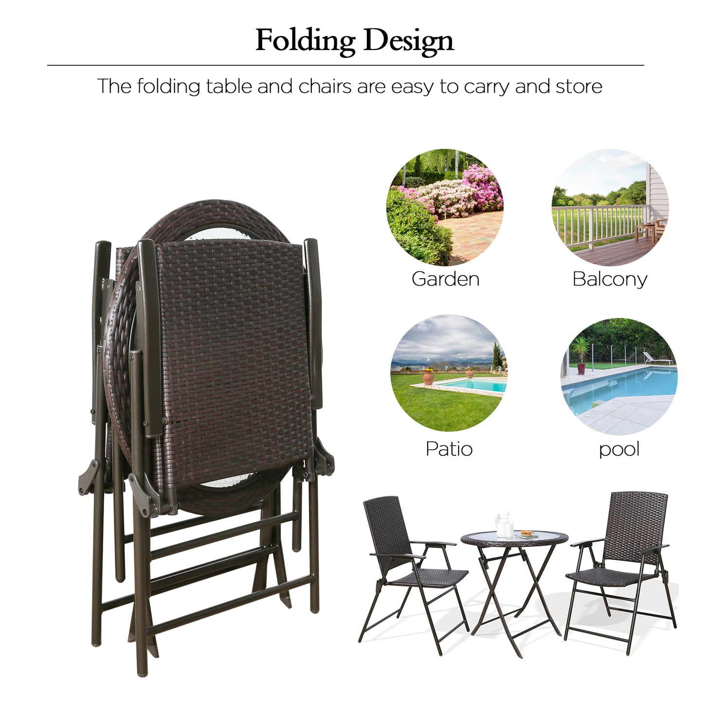 3 Pieces Wicker Folding Bistro Set, Balcony Table and Chairs Sets, Garden Backyard Furniture