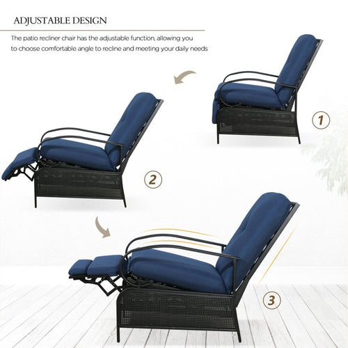 Patio Recliner Chair Automatic Adjustable Back Outdoor Lounge Chair with 100% Olefin Cushion (Navy Blue)