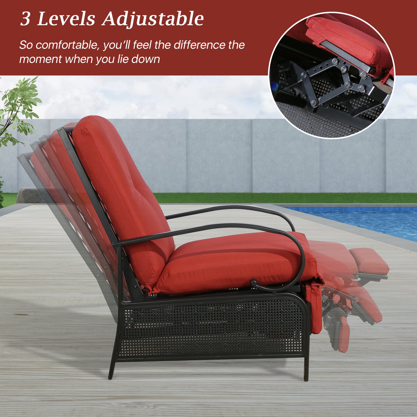 Patio Recliner Chair Automatic Adjustable Back Outdoor Lounge Recliner Chair with 100% Olefin Cushion (Red)