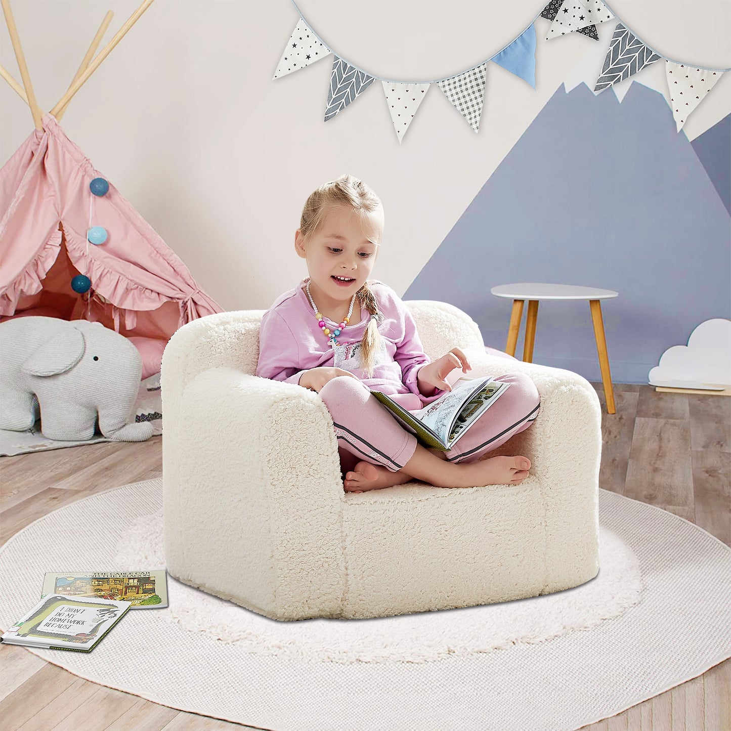 Kids Foam Sofa Chair with Removable Sherpa Slipcover for Bedroom or Playroom, Beige