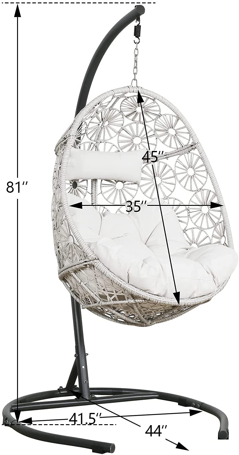 Outdoor Patio Wicker Hanging Basket Swing Chair Tear Drop Egg Chair with Cushion with Stand (Beige)