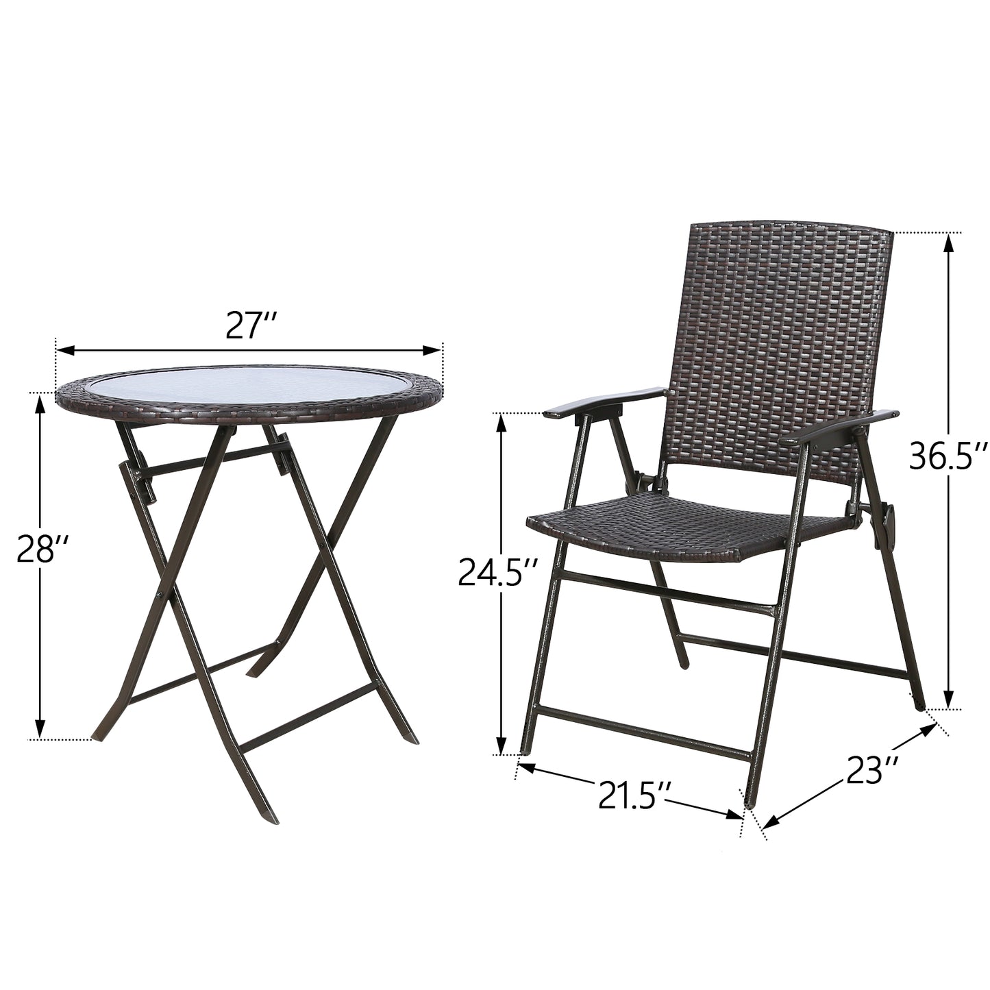 5 Pieces Wicker Folding Bistro Set, Balcony Table and Chairs Sets, Garden Backyard Furniture