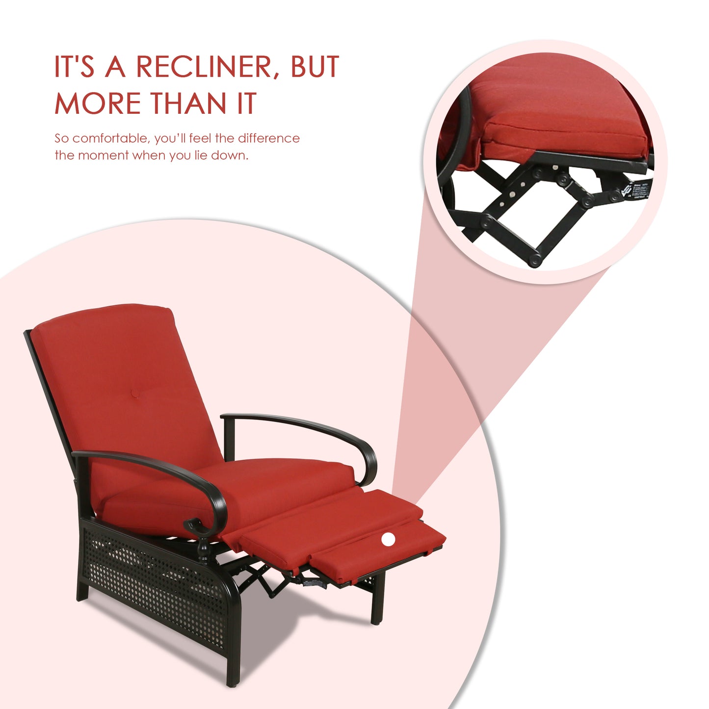 Patio Recliner Chair Automatic Adjustable Back Outdoor Lounge Chair with 100% Olefin Cushion (Red)