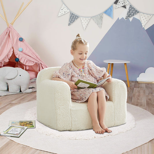 Kids Foam Sofa Chair with Removable Sherpa Slipcover for Bedroom or Playroom, Beige