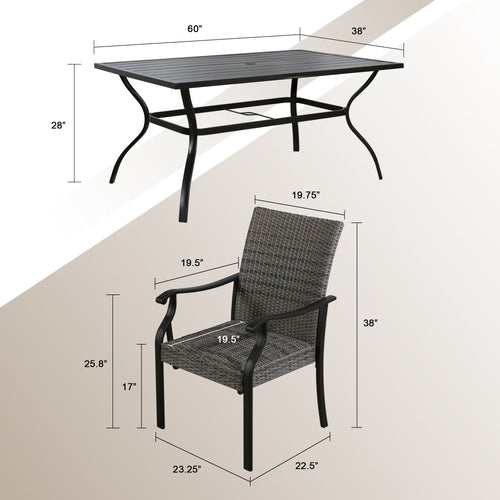 6-Person 60” Long Patio Metal Dining Set Outdoor Indoor 6 Wicker Padded Armchairs and 1 Rectangular Slat Table with Umbrella Hole