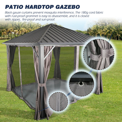 10Ft x 10Ft Patio Hardtop Gazebo Outdoor Aluminum Pergola with Galvanized Steel Roof Canopy, Polyester Curtain and Mosquito Net