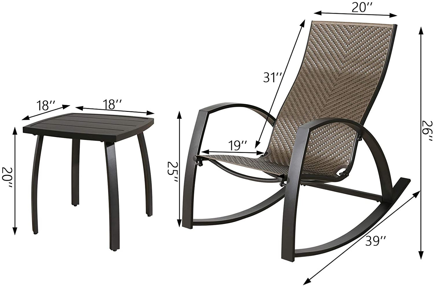 3 Piece Outdoor Wicker Bistro Set Patio Furniture Conversation Bistro Set with Wicker Rocking Chairs and Side Table