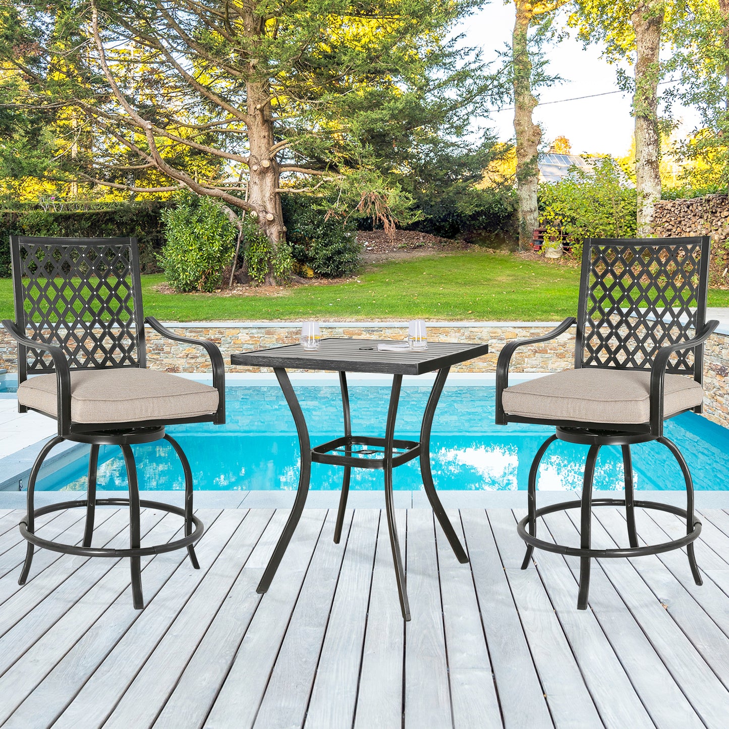 Outdoor Bar Bistro Set 3 Piece Patio Furniture Conversation Bistro Set with Swivel Stools and Bar Table