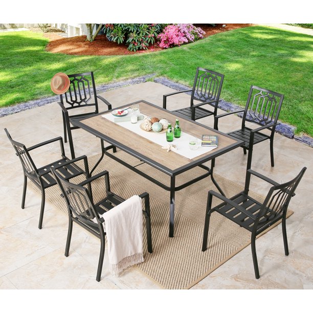 7 Piece Outdoor Dining Set Patio Furniture Dining Table Set with 6 Metal Dining Chairs and 1 Rectangular Garden Dining Table