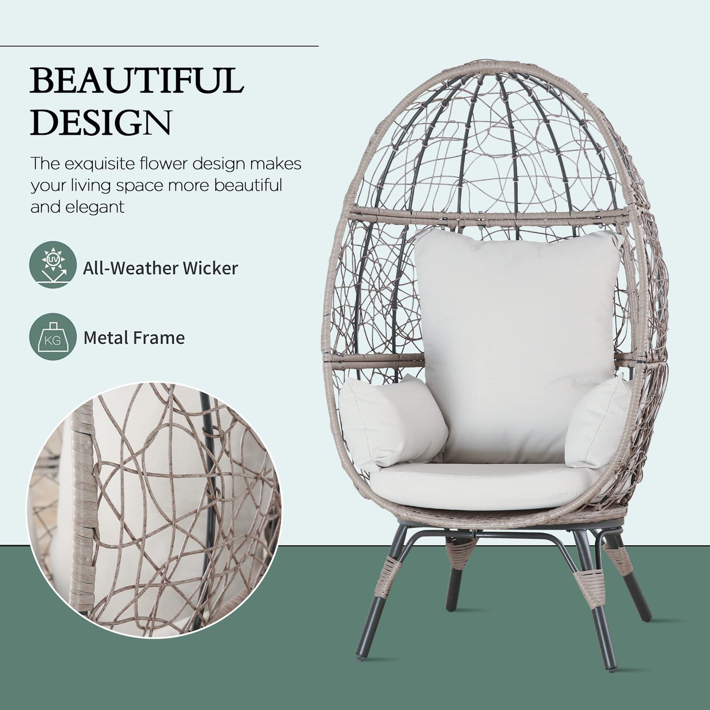 Outdoor Teardrop Wicker Lounge Chair Indoor Patio Rattan Egg Chair with Cushion and Pillow for Living Room Patio Courtyard