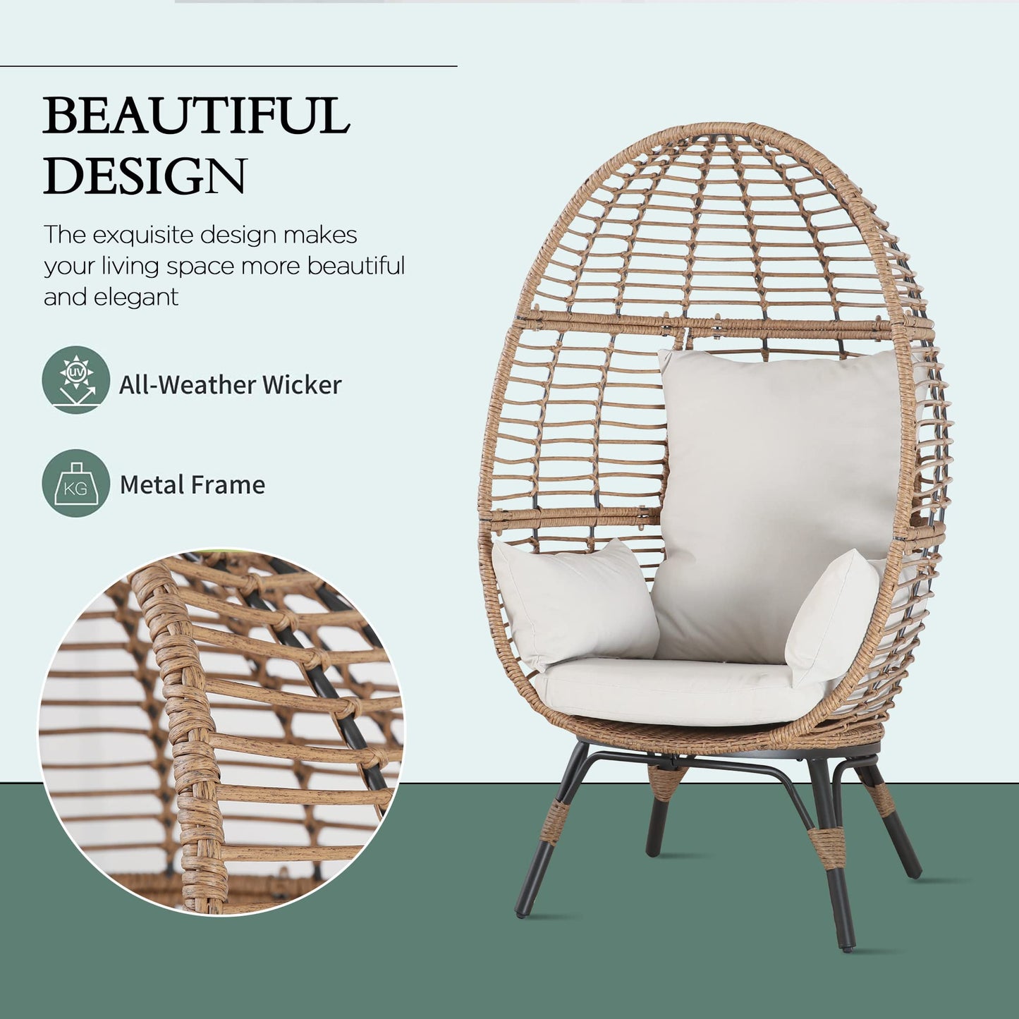 Outdoor Teardrop Wicker Lounge Chair Patio Rattan Egg Cuddle Chair with Cushions