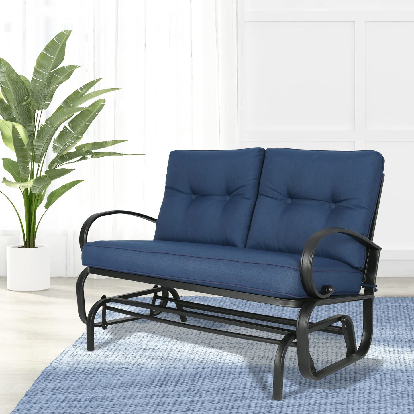 Patio Glider Bench Loveseat Outdoor Cushioed 2 Person Rocking Seating Patio Swing Chair, Navy