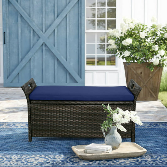 Outdoor Wicker Storage Bench Patio Furniture Rattan Deck Storage Bin with Cushion (Navy)