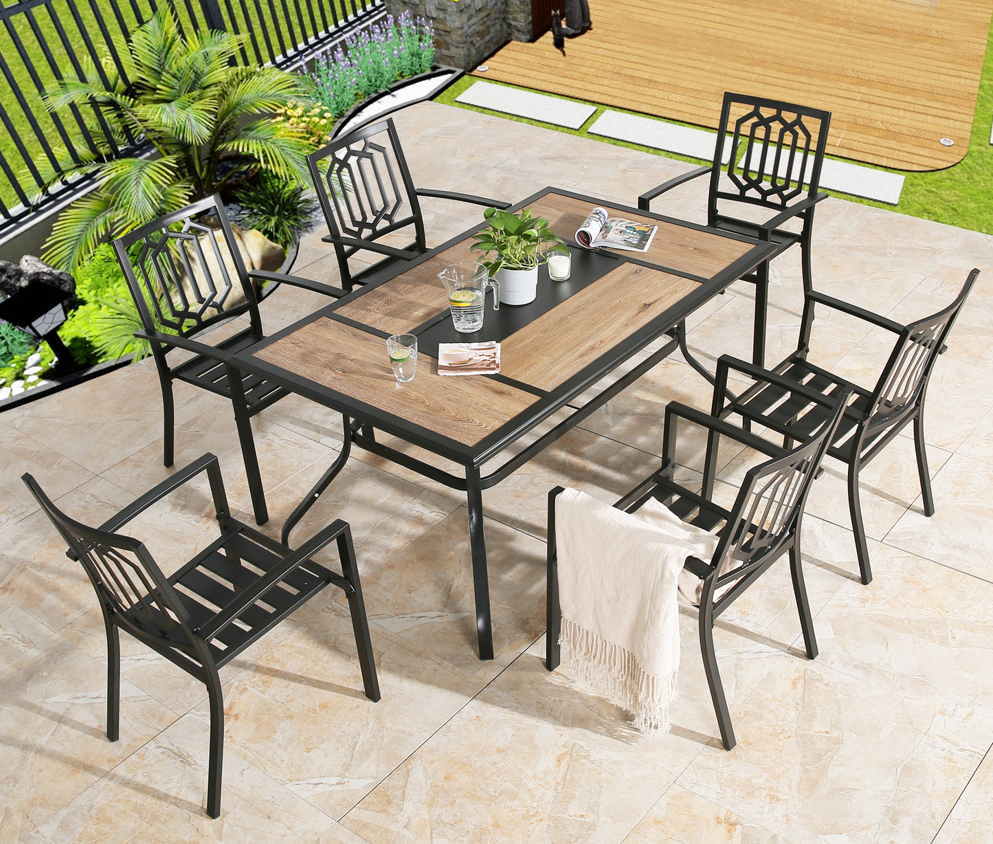 Outdoor 7-Piece Dining Set 6 Patio Dining Arm Chairs and Rectangular Garden Table with Umbrella Hole