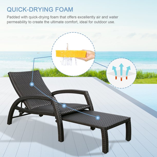 Outdoor Wicker Convertible Chaise Lounge Patio Woven Padded Aluminum Lounger Adjustable Chair with Quick Dry Foam and Sunbrella Pillow
