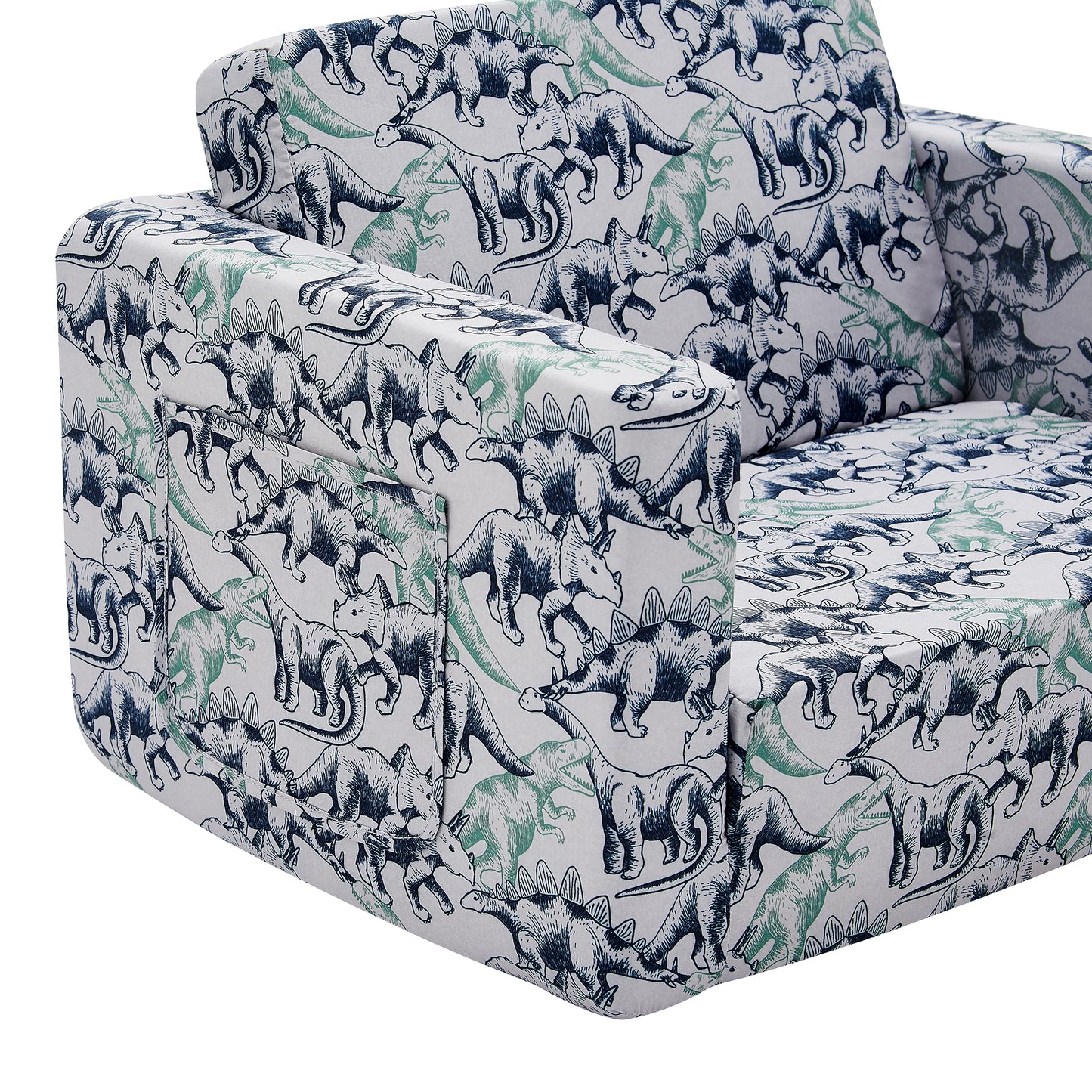 Convertible Sofa 2-In-1 Flip Open Kids Sleeper Chair （Gray Dinosaur）