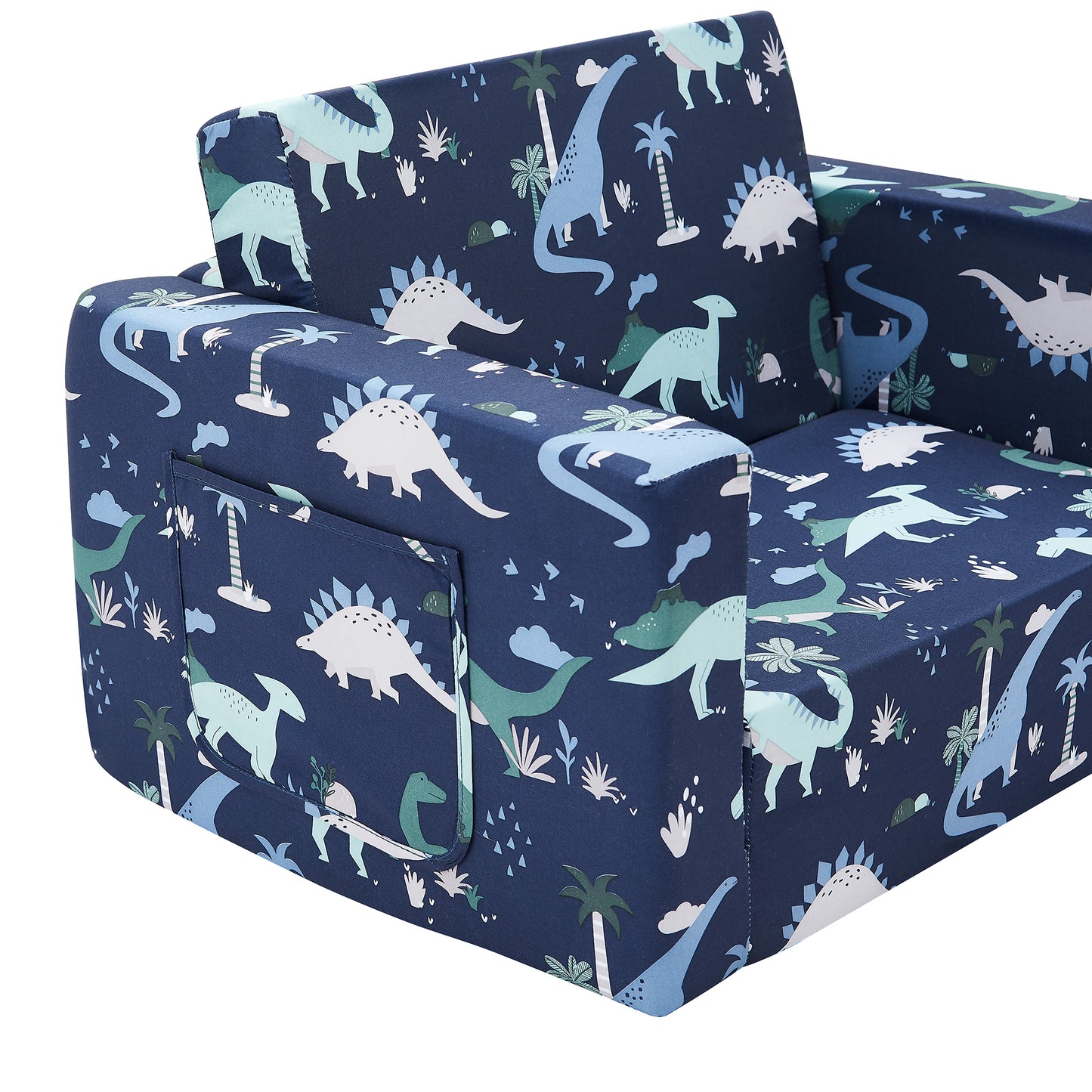 Convertible Sofa 2-In-1 Flip Open Kids Sleeper Chair （Navy Dinosaur）