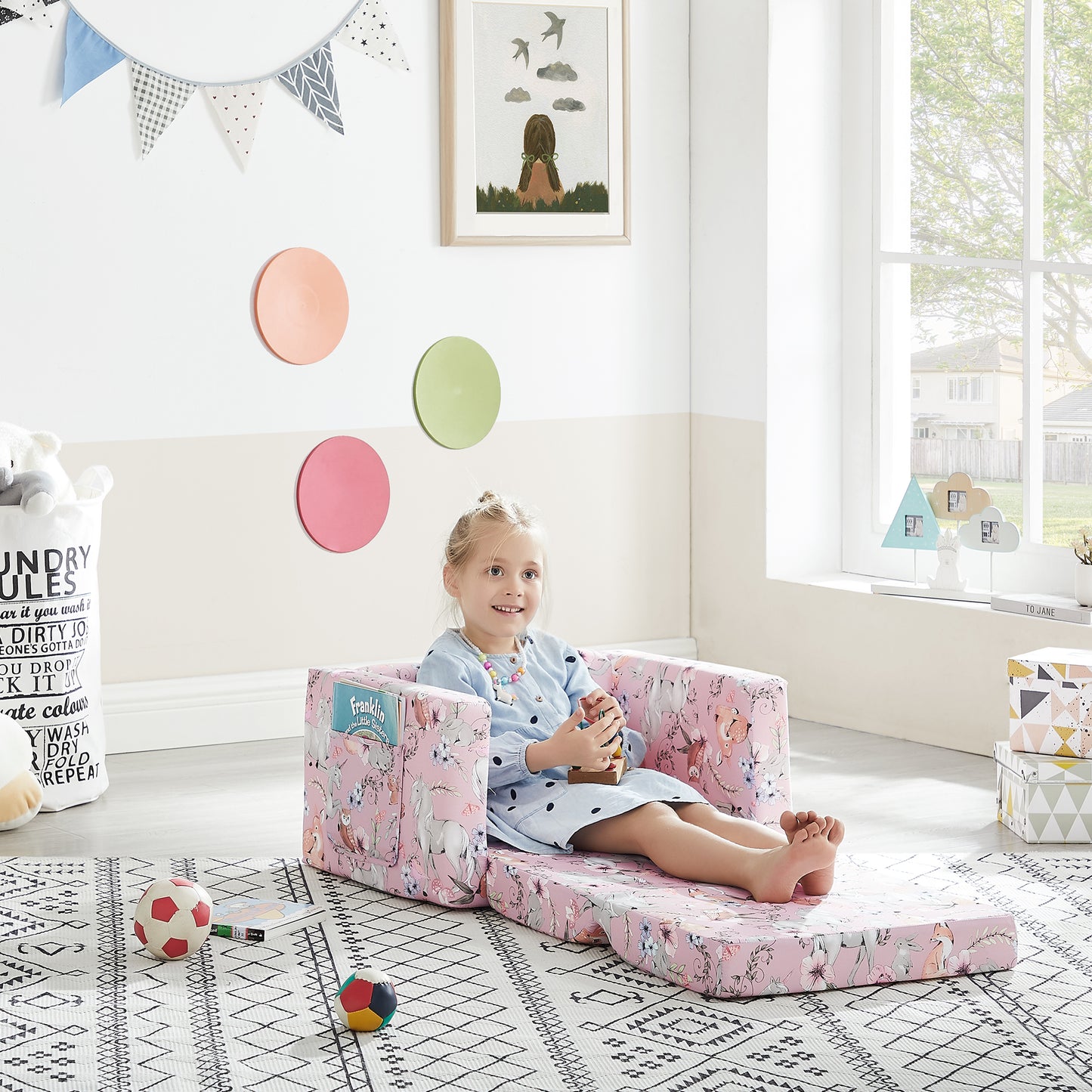 Convertible Sofa 2-In-1 Flip Open Kids Sleeper Chair （Pink Unicorn）
