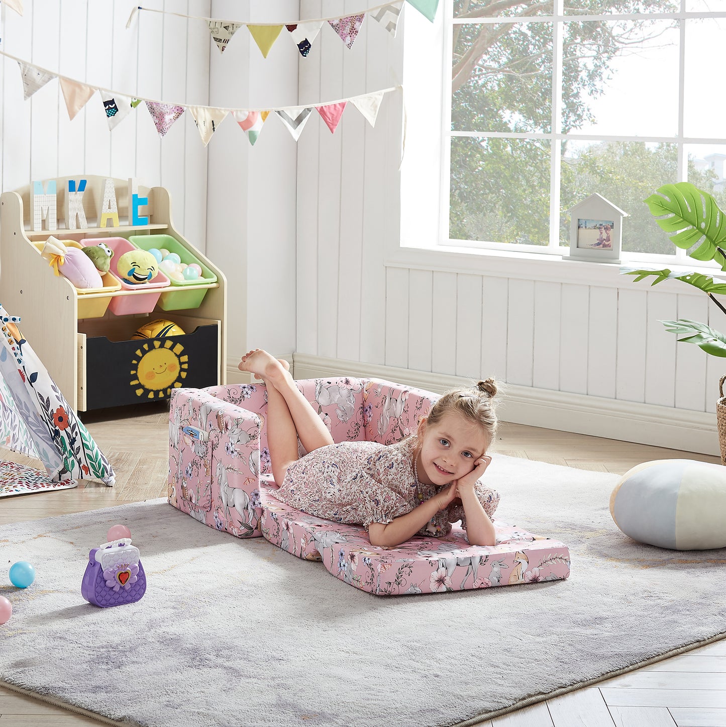 Convertible Sofa 2-In-1 Flip Open Kids Sleeper Chair （Pink Unicorn）