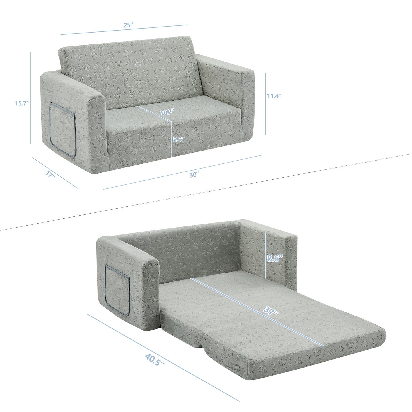 Convertible 2-In-1 Flip Open Kids Loveseat/ Couch/ Sleeper Sofa （Gray Elephant）