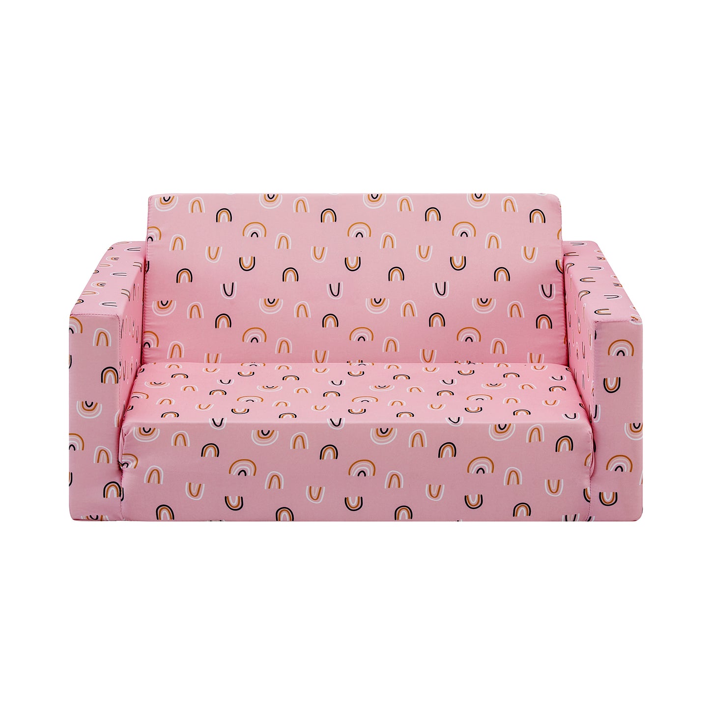 Convertible 2-In-1 Flip Open Kids Loveseat/ Couch/ Sleeper Sofa （Pink Rainbow）