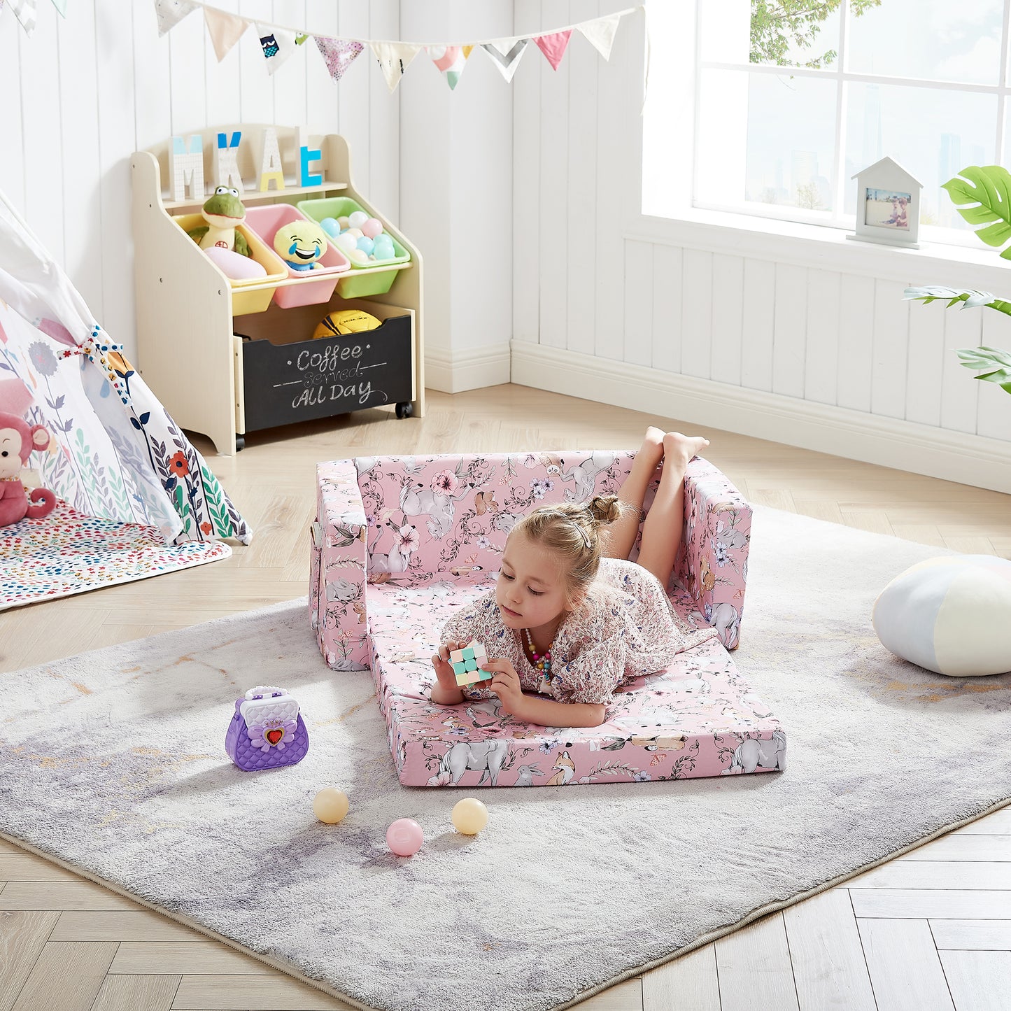 Convertible 2-In-1 Flip Open Kids Loveseat/ Couch/ Sleeper Sofa （Pink Unicorn）