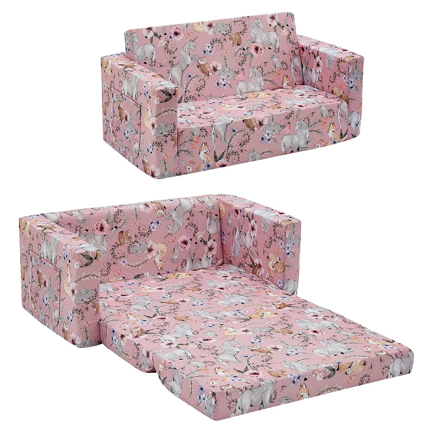 Convertible 2-In-1 Flip Open Kids Loveseat/ Couch/ Sleeper Sofa （Pink Unicorn）